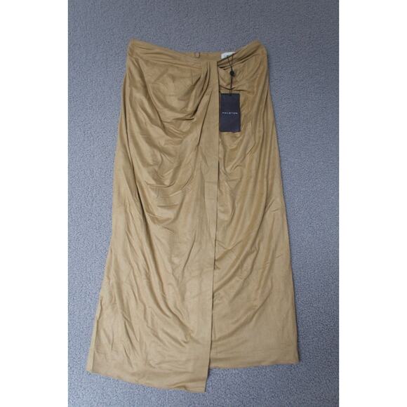 Halston Draped faux‎ wrap Skirt Suede tan camel size 6 midi Sylvia $395 - Picture 2 of 8